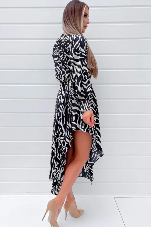 Black Animal Print High Low Skirt Midi Dress