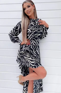 Black Animal Print High Low Skirt Midi Dress
