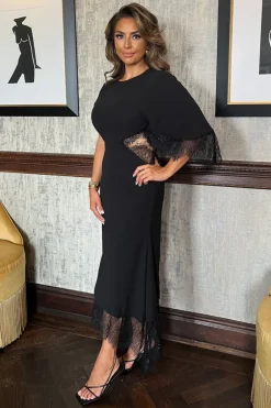 Black Asymmetric Batwing Lace Detailing Cut Out Midi Dress