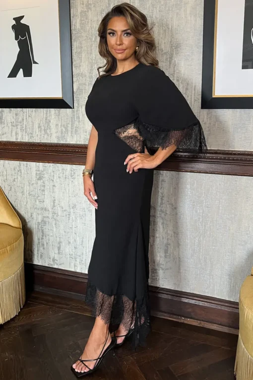 Black Asymmetric Batwing Lace Detailing Cut Out Midi Dress