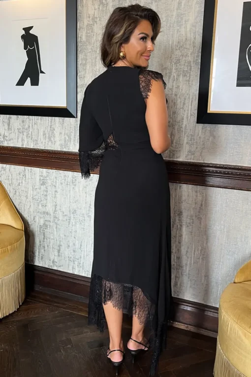Black Asymmetric Batwing Lace Detailing Cut Out Midi Dress
