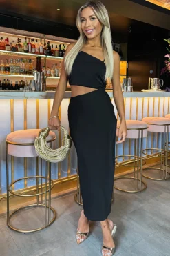 Black Asymmetric Cut Out Midi Dress