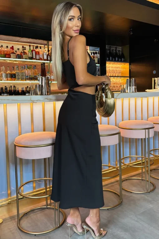 Black Asymmetric Cut Out Midi Dress