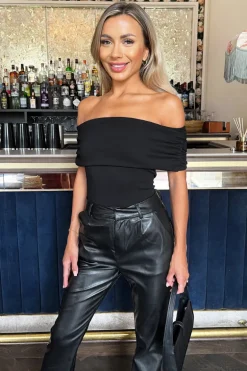 Black Bardot Fold Over Top Detail Bodysuit