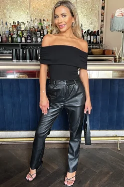 Black Bardot Fold Over Top Detail Bodysuit