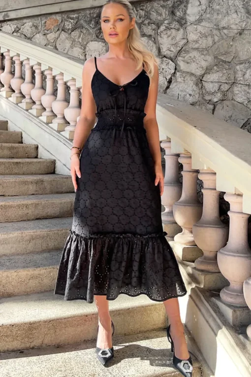 Black Broderie Frill Hem Midi Dress
