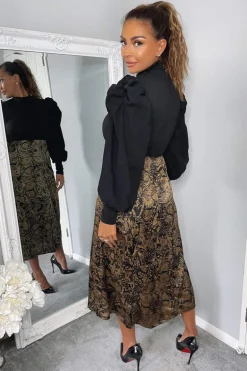 Black Butterfly Printed Skirt 2 in 1 Midi Dress