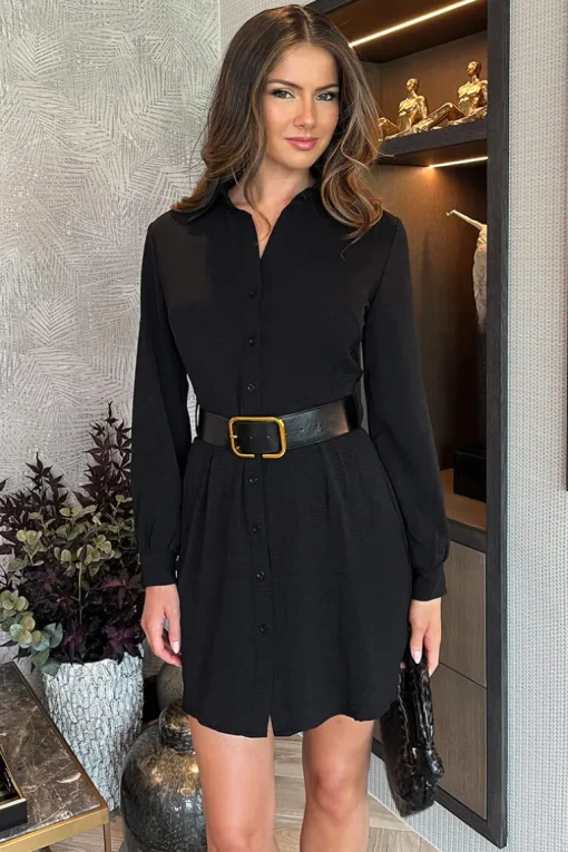 Black Button Front Belted Shirt Mini Dress