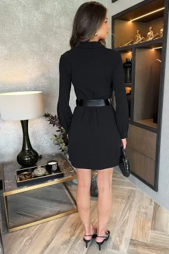 Black Button Front Belted Shirt Mini Dress