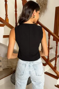 Black Button Front Crinkle Waistcoat