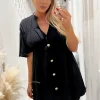 Black Button Up Ruched Detail Smock V-Neck Dress