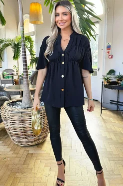 Black Button Up Ruched Detail Smock V-Neck Top