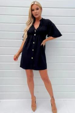 Black Button Up Ruched Detail Smock V-Neck Dress