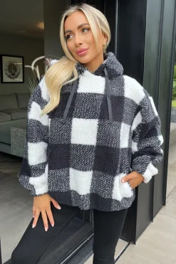 Black Check Drawstring Teddy Hoodie