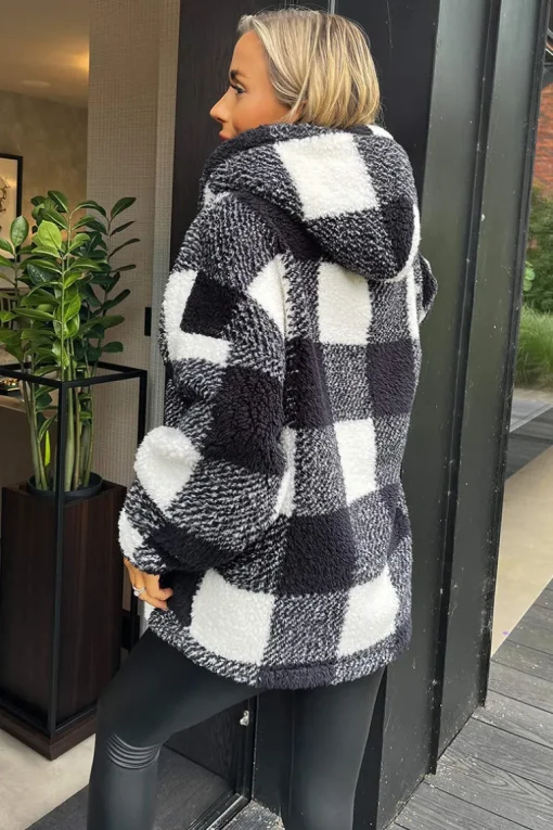 Black Check Pocket Detail Hooded Teddy Jacket