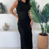 Black Crochet Knit Split Leg Midi Dress