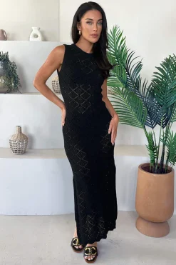 Black Crochet Knit Split Leg Midi Dress