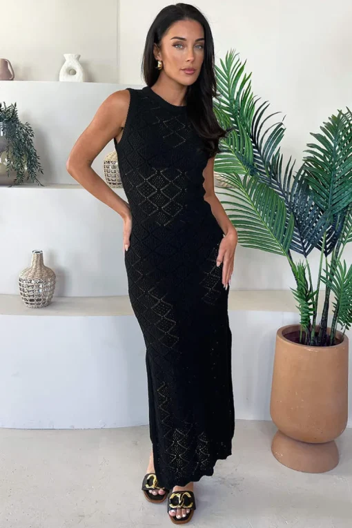 Black Crochet Knit Split Leg Midi Dress