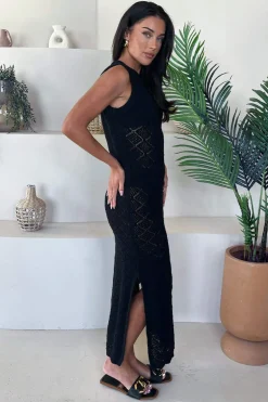 Black Crochet Knit Split Leg Midi Dress