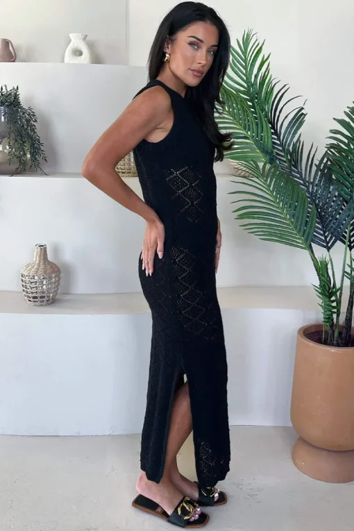 Black Crochet Knit Split Leg Midi Dress