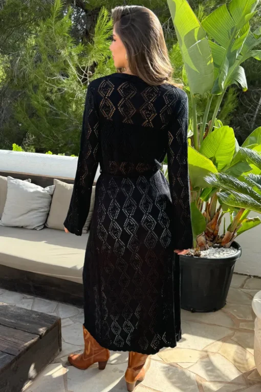 Black Crochet Longline Tie Waist Cardigan
