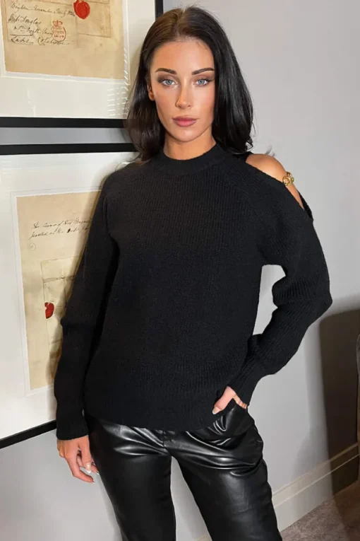 Black Cut Out Shoulder Chain Detail Knit Jumper