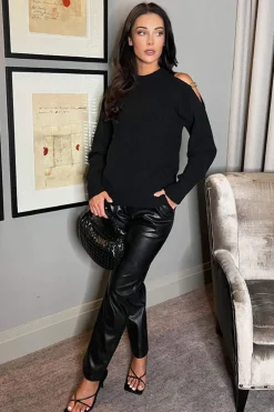 Black Cut Out Shoulder Chain Detail Knit Jumper