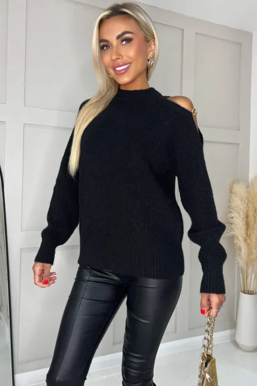 Black Cut Out Shoulder Chain Detail Knit Jumper