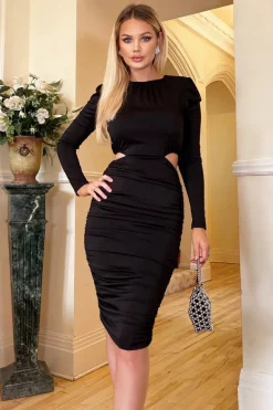 Black Cut Out Waist Midi Dress