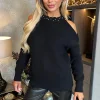 Black Diamante Neck Detail Cut Out Shoulder Knit Jumper