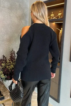 Black Diamante Neck Detail Cut Out Shoulder Knit Jumper