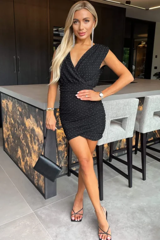 Black Diamante Sparkle Wrap Top Ruched Skirt Mini Dress