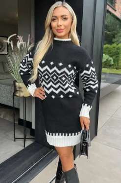 Black Fairisle Mock Neck Knitted Dress