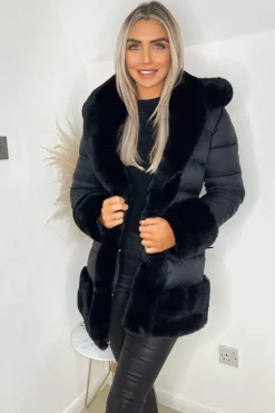 Black Faux Fur Trim Belted Jacket