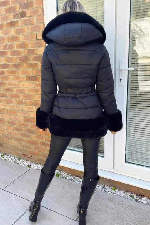 Black Faux Fur Trim Belted Jacket