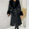 Black Faux Fur Trim Leather Look Long Coat