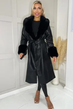 Black Faux Fur Trim Leather Look Long Coat