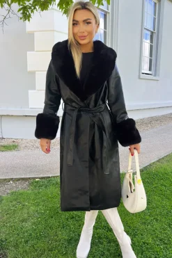 Black Faux Fur Trim Leather Look Long Coat