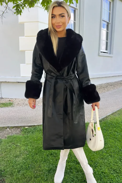 Black Faux Fur Trim Leather Look Long Coat