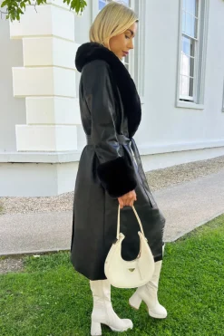Black Faux Fur Trim Leather Look Long Coat