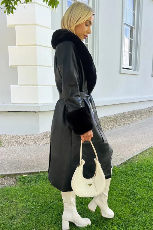 Black Faux Fur Trim Leather Look Long Coat