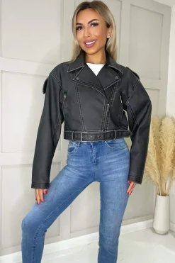 Black Faux Leather Cropped Jacket