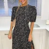 Black Floral Pleated Puff Sleeve Midi Dress