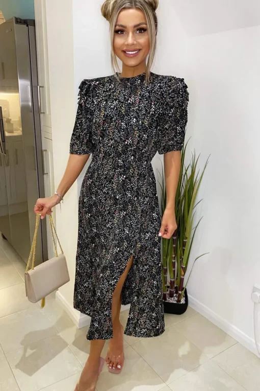 Black Floral Pleated Puff Sleeve Midi Dress