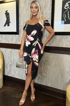 Black Floral Print Cowl Neck Bardot Gathered Skirt Midi Dress