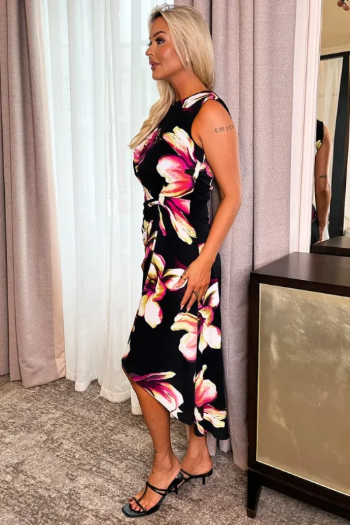 Black Floral Print Gathered Midi Dress With Shoulder Pads