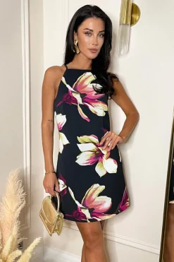 Black Floral Print Racer Neck Slip Mini Dress