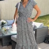 Black Floral Print Short Sleeved V-Neck Midi Smock Dress