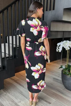 Black Floral Print Short Sleeve Ring Detail Wrap Midi Dress