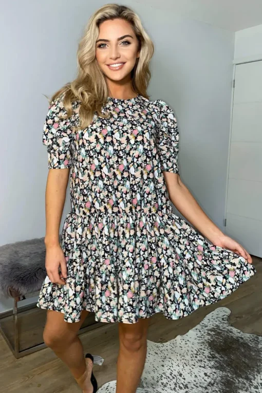 Black Floral Print Smock Dress